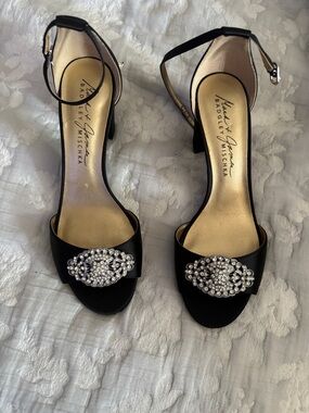 Badgley Mischka Black Satin Crystal-Embellished Ankle-Strap Heels